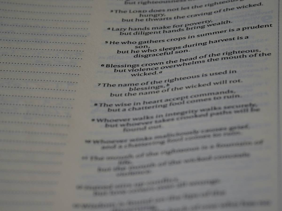 close up, bokeh, macro, blur, blurred background, close focus, bible, old testament, hebrew bible, christian, judaism, history, text, reading, bible study, devotions, text, NIV, New International Version, type, typography, canon, christianity, holy scripture, holy bible, scripture, old testament, hebrew bible, מִשְלֵי, book of proverbs, proverbs of solomon, wisdom literature, ketuvim, anthology, solomon, wisdom, sayings, mashai, folly, values, morality, proverbs, proverb, life skills, ancient wisdom, hebrew wisdom,